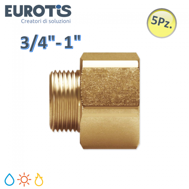 Lot de 5 raccords réduits Ø 15-20 | M 3/4'' x F 1'' en laiton nickelé à extrémité plate pour chauffe-eau solaires et à gaz - Eurotis