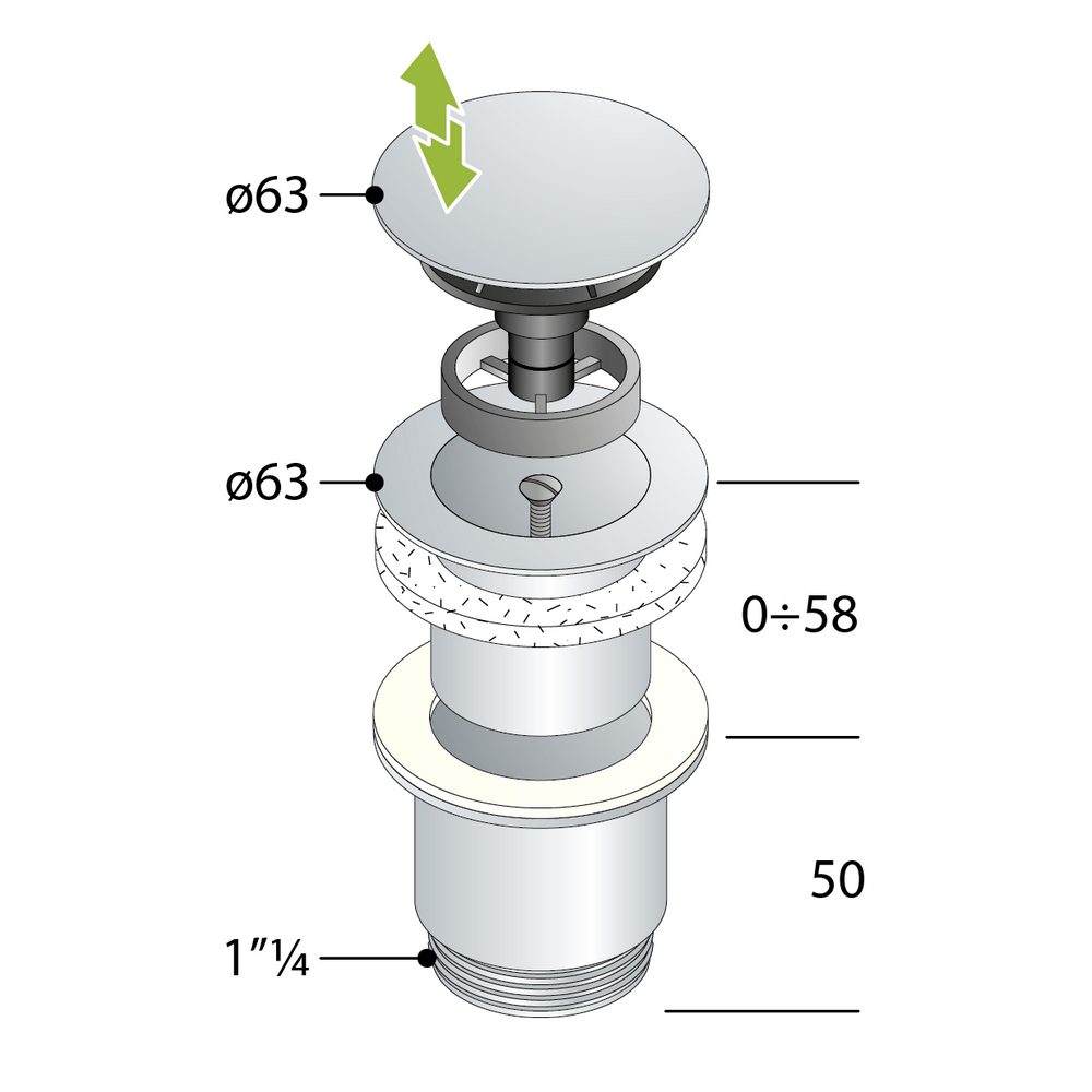 TEA clic-clac waste with screw, Ø 63 x 1 1/4" in chrome-plated brass for washbasin and bidet