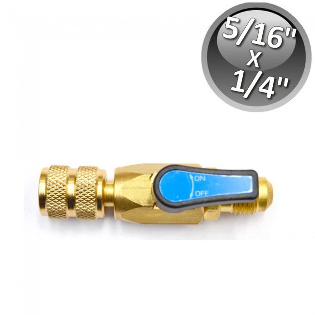 Vanne à bille pour gaz réfrigérant F 1/4'' x M 5/16'' SAE, volant bleu