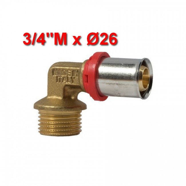 Raccord coudé à 90° pour tuyau multicouche à emboîtement, filetage mâle 3/4 x Ø 26 mm
