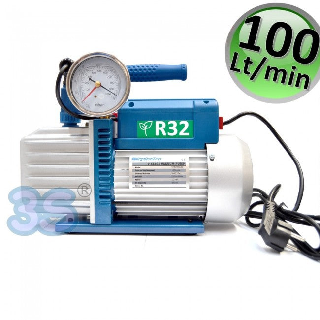 Pompe à vide à deux étages 100 L/min avec électrovanne et manomètre à vide - homologuée pour le gaz R32