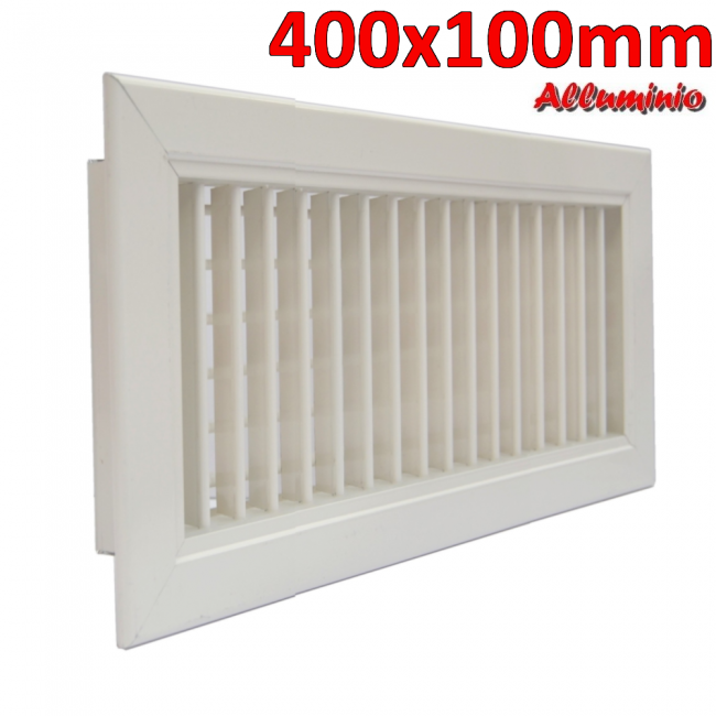 Buse de sortie en aluminium blanc - 400 x 100 mm avec double rangée d'ailettes mobiles