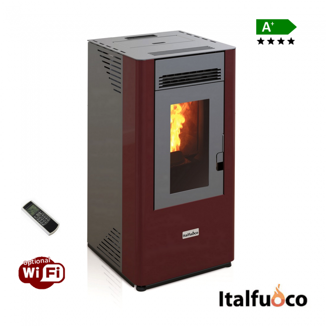 Poêle à granulés Italfuoco Acciaio, 10 kW, 230 m³, Bordeaux, avec télécommande - DS.12UX