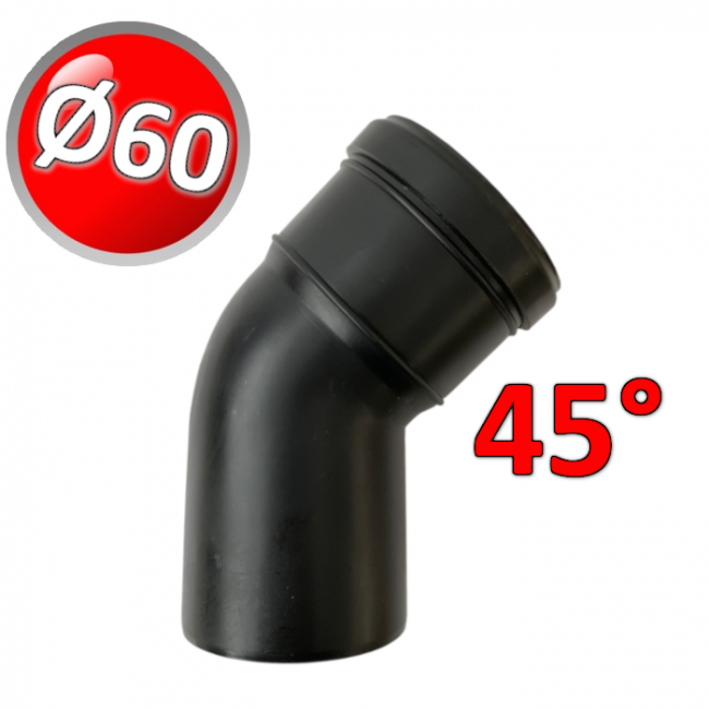 Coude M-F à 45° en PP noir Ø 60 mm pour gaz de combustion de chaudières à condensation