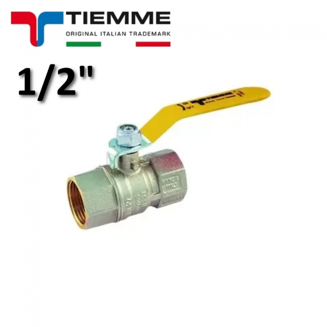 Vanne à bille TORNADO pour gaz, filetage femelle 1/2'' ISO7, avec levier plat en acier revêtu de plastique jaune - TIEMME 2380G07