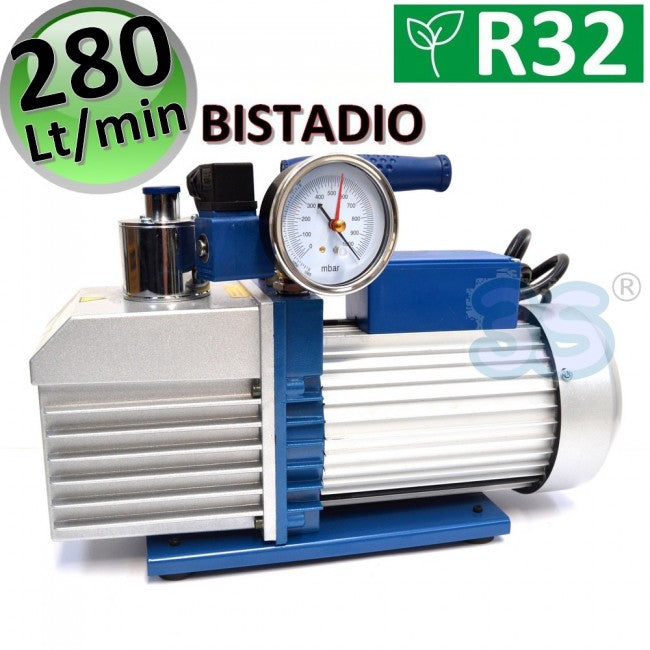 Pompe à vide à deux étages avec électrovanne et manomètre, débit de 280 L/min pour systèmes à gaz R32 et R1234YF.