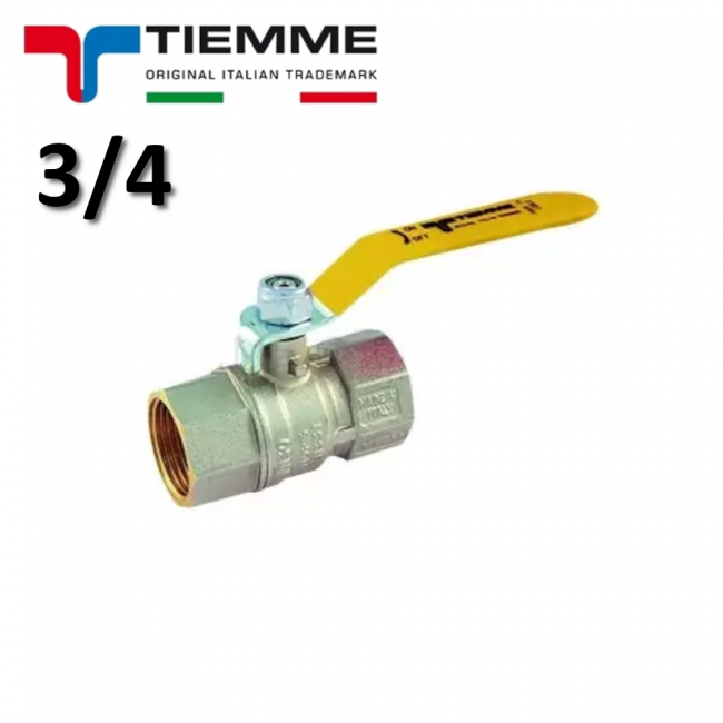 Vanne à bille TORNADO pour gaz, femelle - femelle 3/4'' ISO7 avec levier plat en acier revêtu de plastique jaune - TIEMME 2380G07