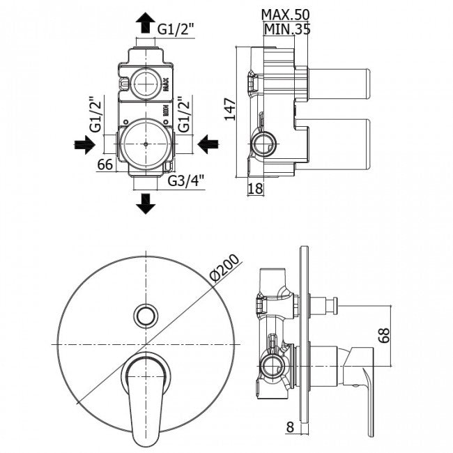 Mitigeur de douche intégré avec inverseur GREEN Paffoni GR015CR à 2 sorties