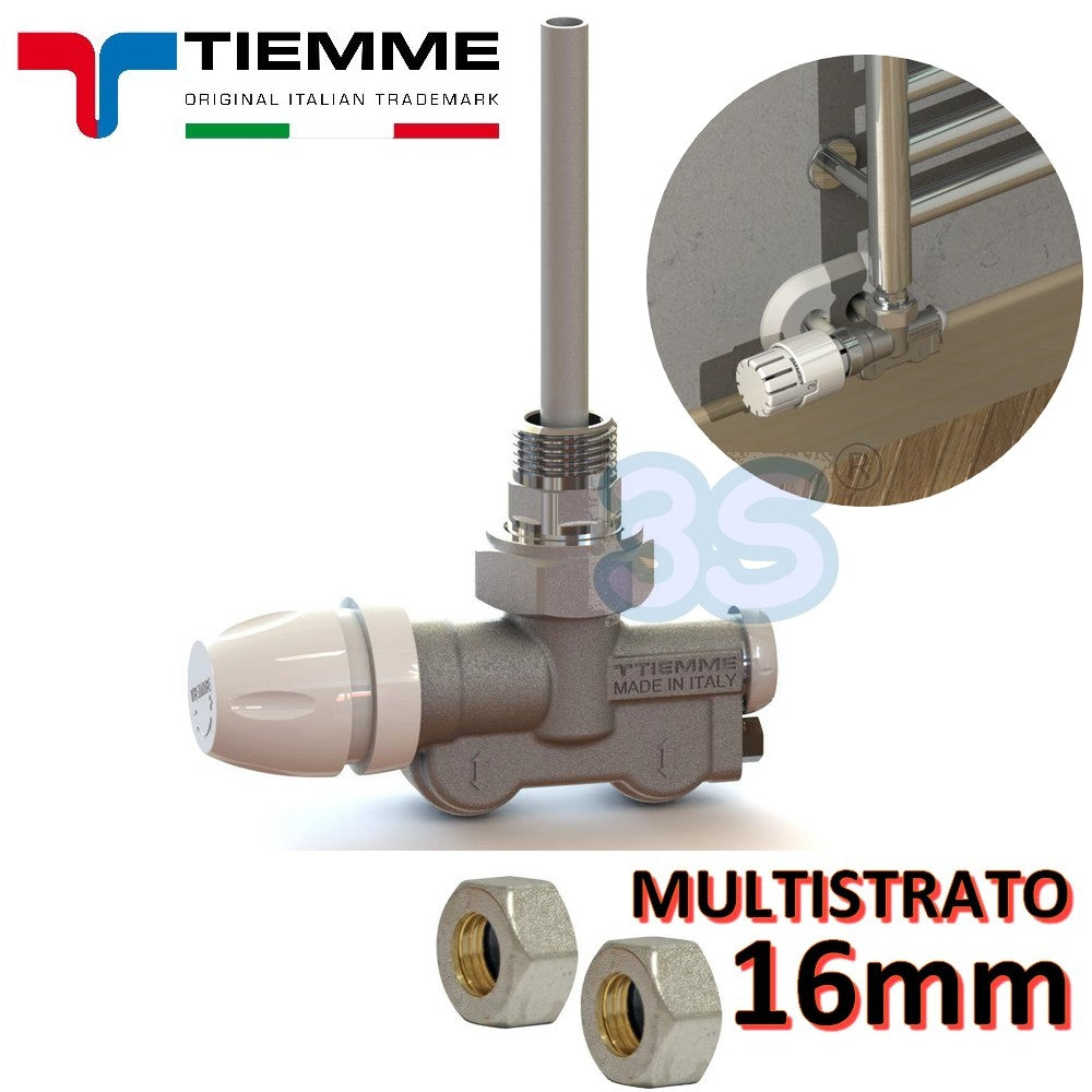 Robinets TIEMME 1/2'' à simple/double sortie avec adaptateurs multicouches 16 mm - raccords coudés pour sèche-serviettes