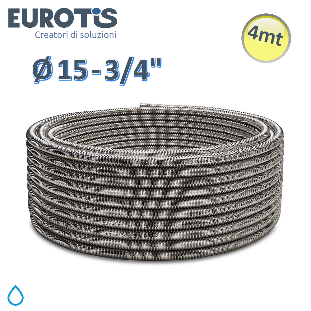 Corrugated pipe Ø 15 - 3/4'' - 0.30 mm - L. 4 m in AISI 304 malleable stainless steel CSST for hot and cold water - Eurotis