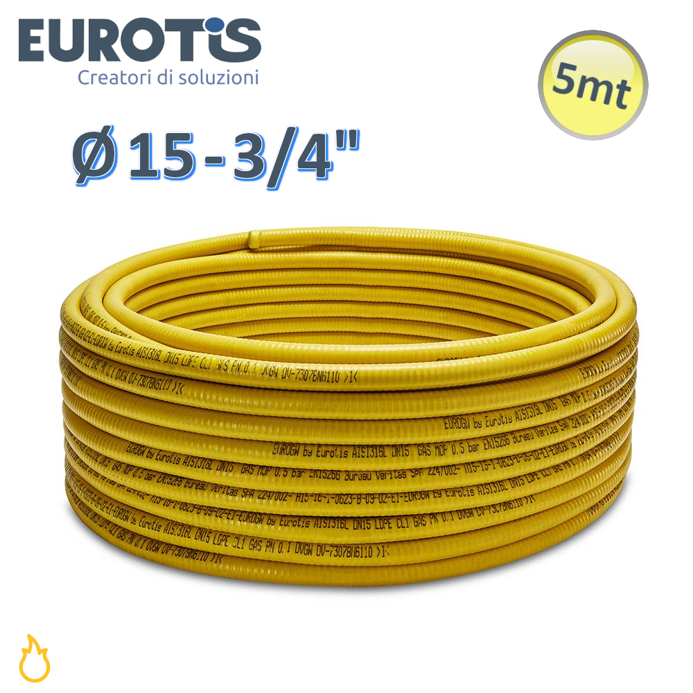 Tuyau ondulé Ø 15 - 3/4'' - 0,30 mm - 5 m, formable, en acier inoxydable jaune CSST pour gaz LDPE - Eurotis
