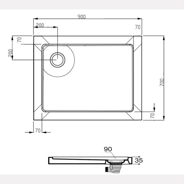 Receveur de douche rectangulaire en acrylique 70 x 90 cm - épaisseur ultra-plate 3,5 cm