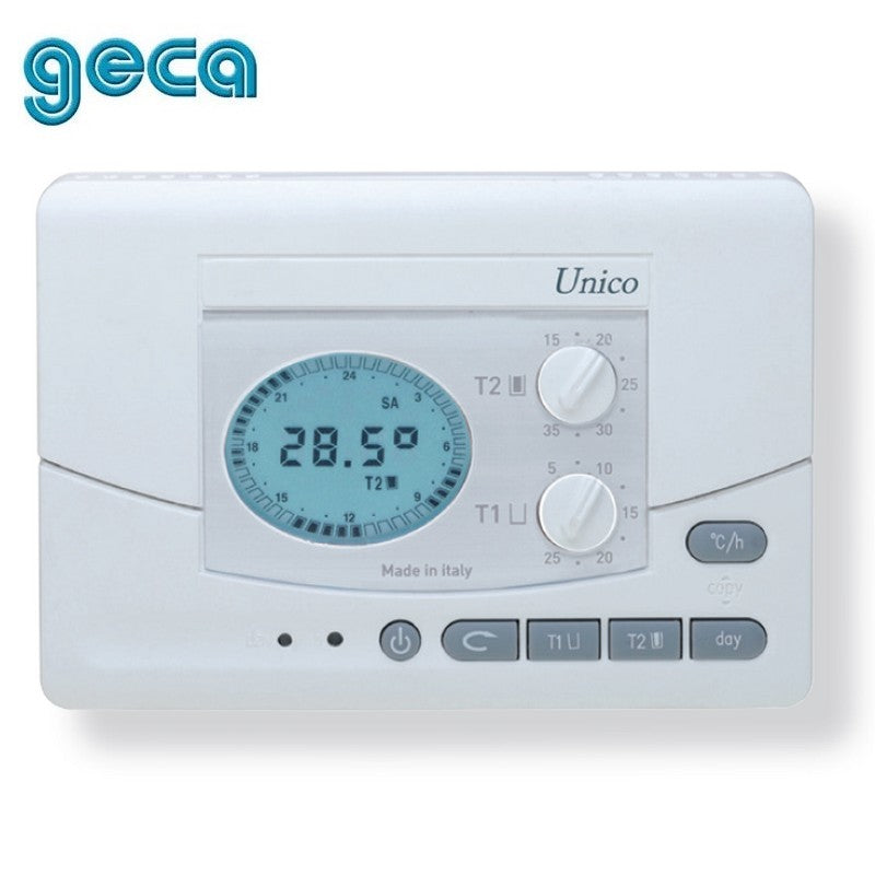 Thermostat d'ambiance hebdomadaire UNICO Geca - mural, à piles, rétroéclairé