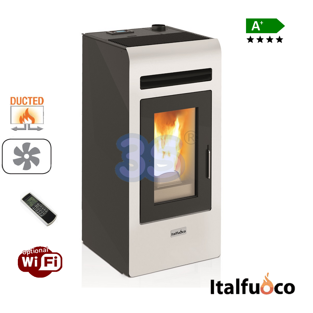 Poêle à granulés à conduit Italfuoco Cayenne 16 kW - 380/400 m³ blanc avec télécommande et 2 sorties d'air