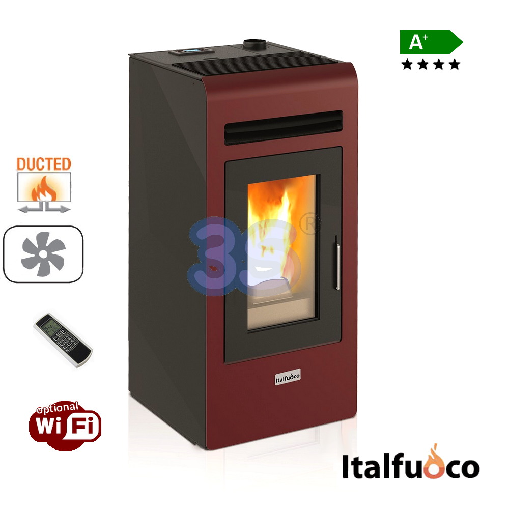 Poêle à granulés à conduit Italfuoco Cayenne 16 kW - 380/400 m³ Bordeaux avec télécommande et 2 sorties d'air