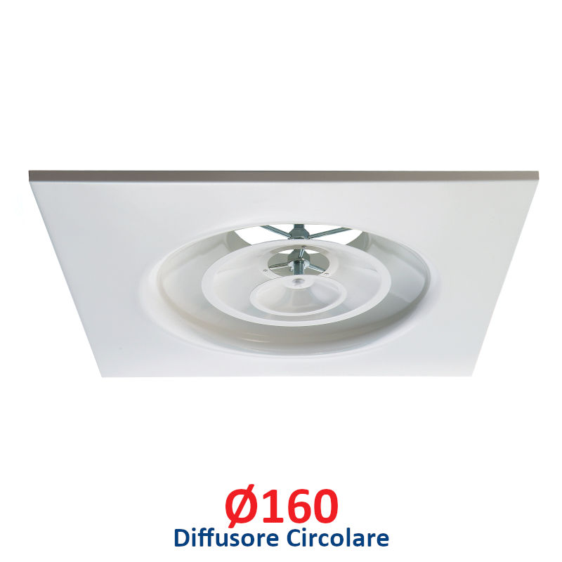 Diffuseur circulaire Ø 160 en aluminium blanc avec panneau de 60x60 cm, avec registre réglable pour faux plafonds
