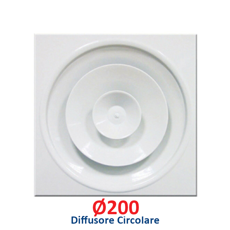 Diffuseur circulaire Ø 200 mm en aluminium blanc avec panneau 60x60 cm, avec registre réglable pour faux plafonds