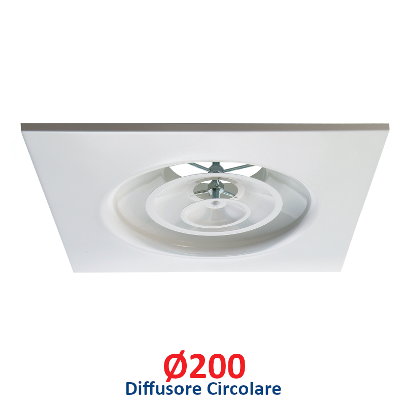 Diffuseur circulaire Ø 200 mm en aluminium blanc avec panneau 60x60 cm, avec registre réglable pour faux plafonds