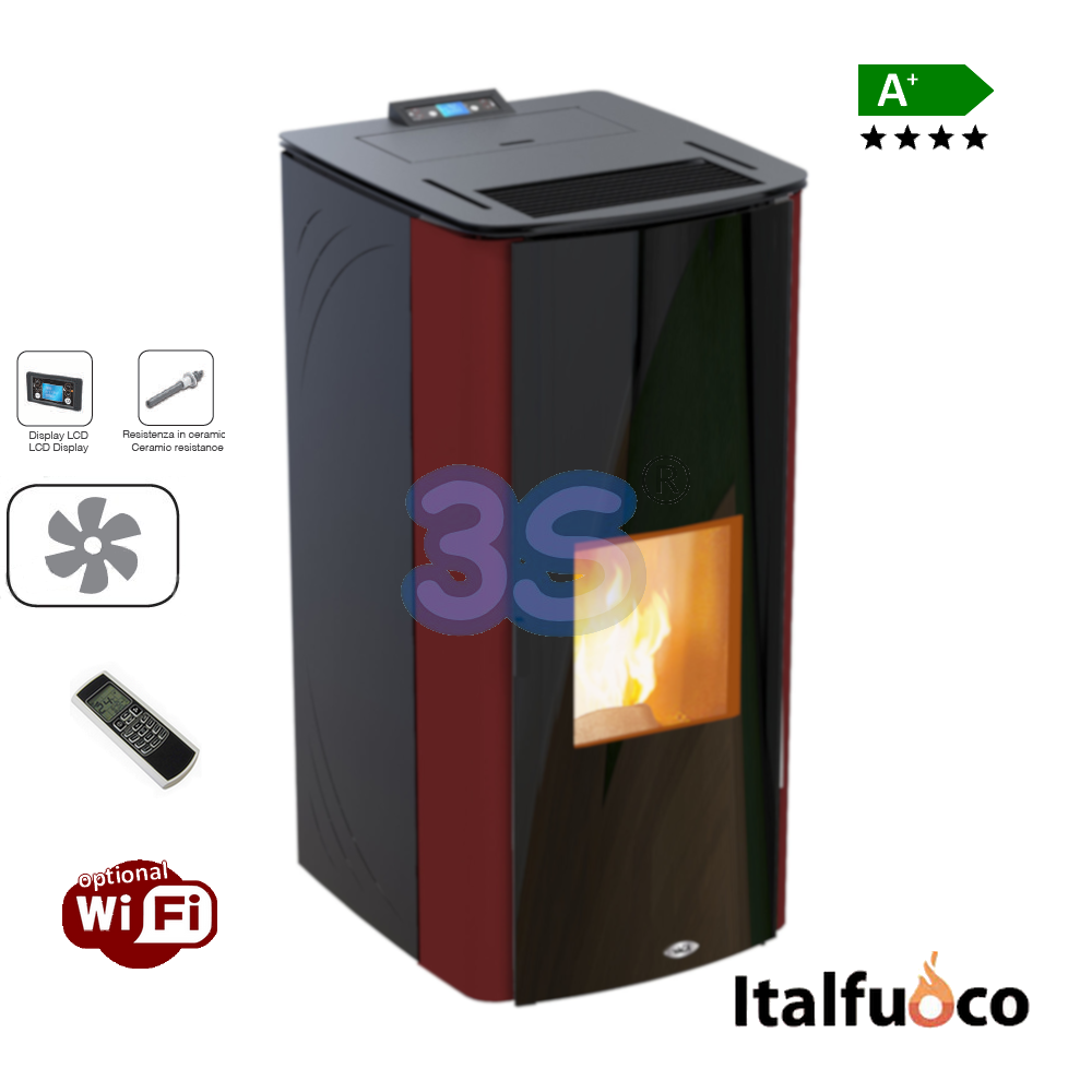 Poêle à eau Italfuoco 19 kW à double porte - 440 m³ Bordeaux - HYDRONIQUE avec circuit de radiateur