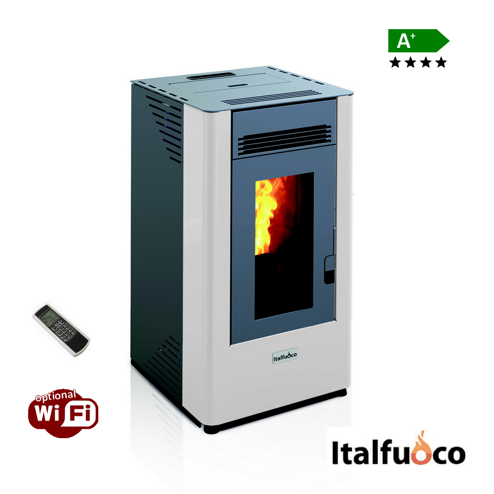 Poêle à granulés Italfuoco Acciaio, 9 kW, 200 m³, blanc, avec télécommande - DS.09BC