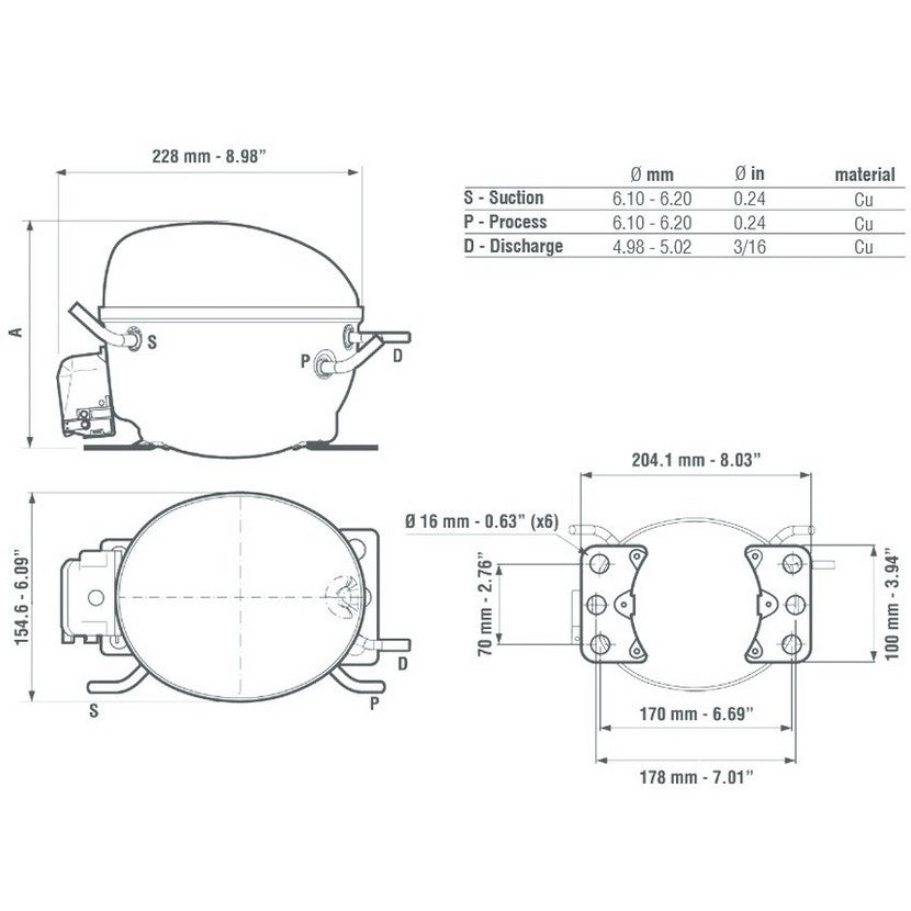 Compresseur de gaz hermétique R404A/R507 - 1/4 CV - 5,2 cm³ - Embraco Aspera EMT6165GK