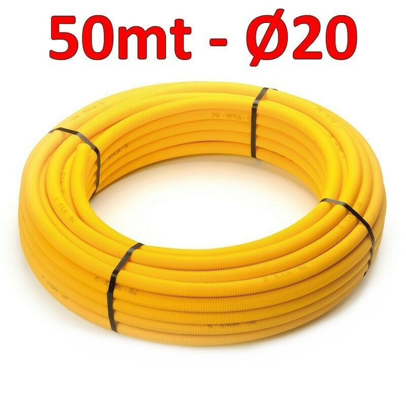 Tuyau à gaz multicouche Ø 20 x 2 mm pré-isolé avec gaine ondulée jaune - rouleau de 50 mètres