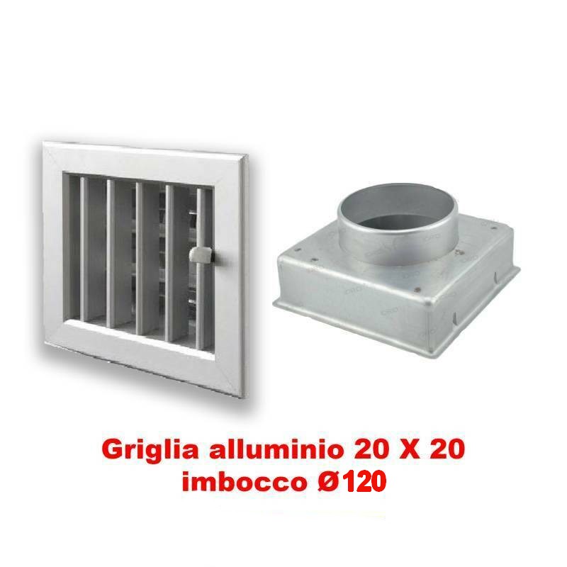 Grille d'aération réglable en aluminium 20x20 cm avec adaptateur 120 mm pour cheminées