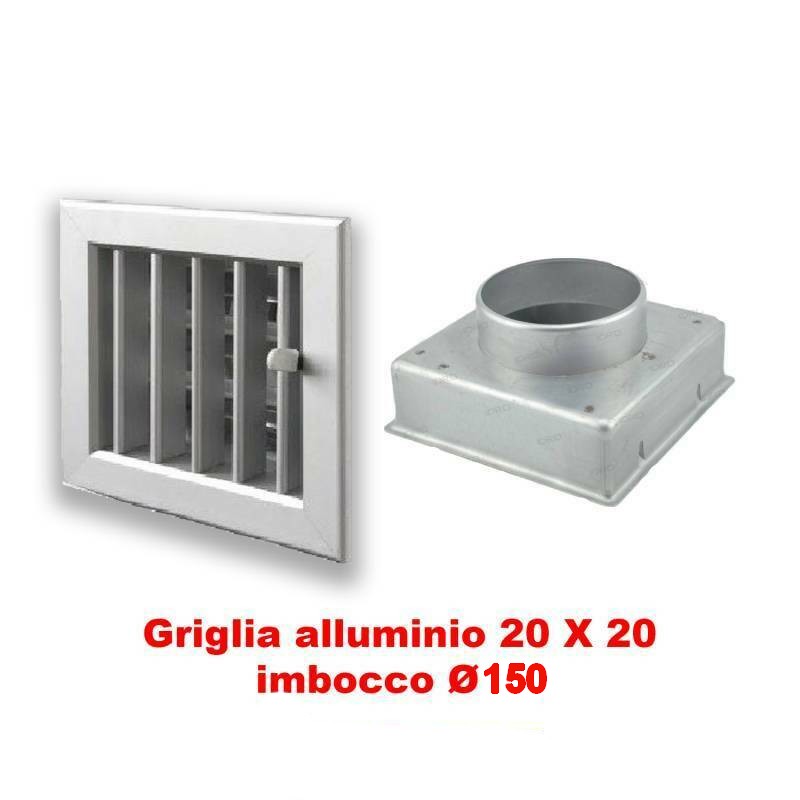 Grille d'aération réglable en aluminium 20x20 cm avec adaptateur de 150 mm de diamètre pour cheminées