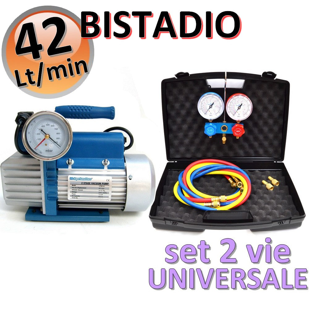 Pompe à vide bi-étagée 42 L + manomètre universel bi-voies