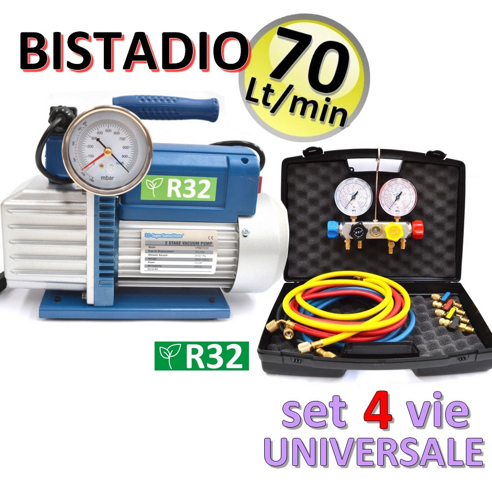 Pompe à vide bi-étagée 70 L, compatible R32 + manomètre universel 4 voies