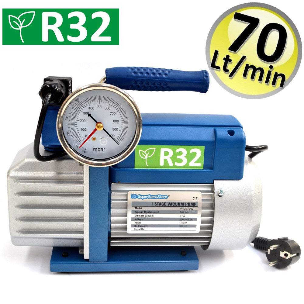 Pompe à vide 70 L homologuée R32 + manomètre universel 2 voies