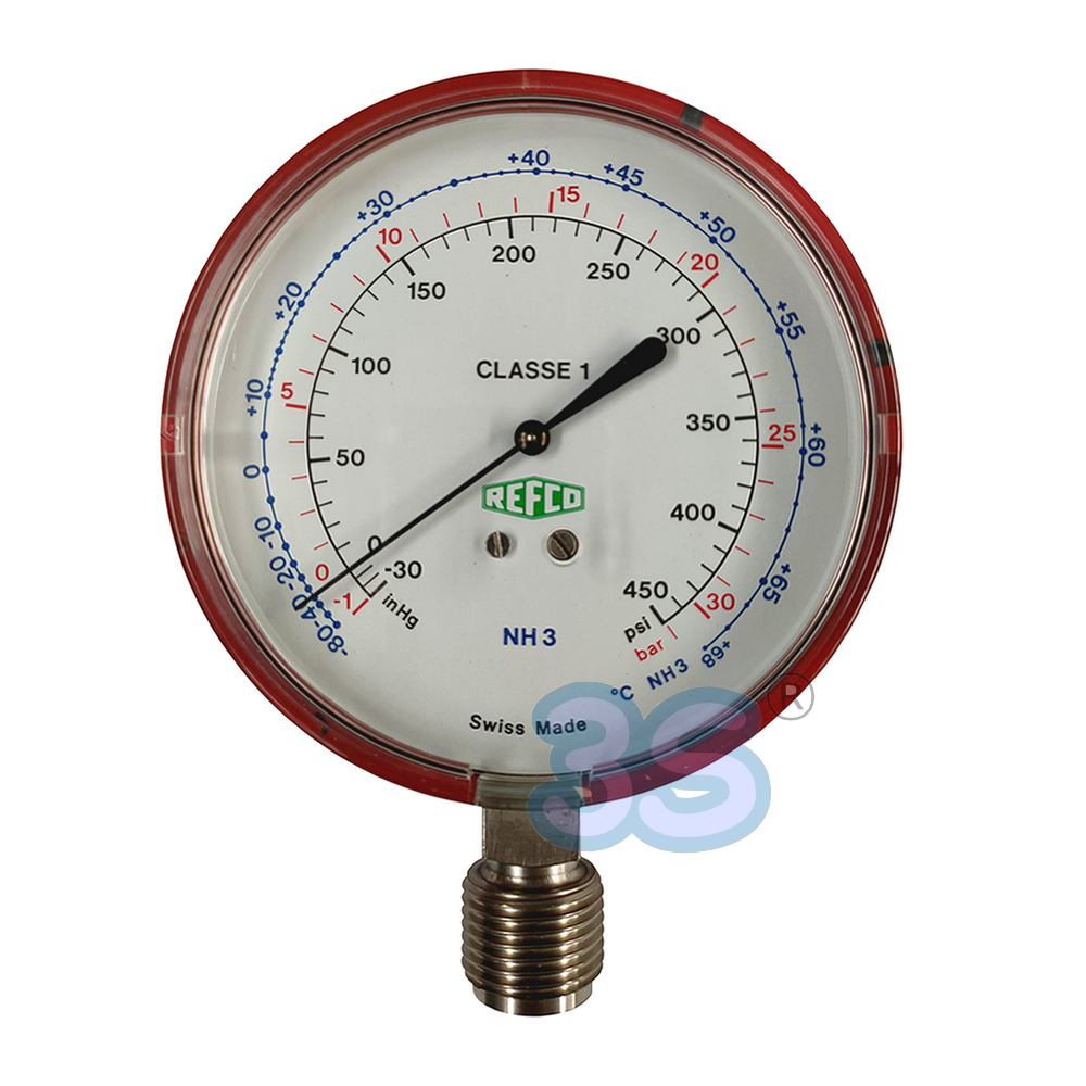 Manomètre REFCO pour ammoniac NH3, raccord gaz 1/2" - échelle -1/+30 bar -30 po Hg/+450 psi