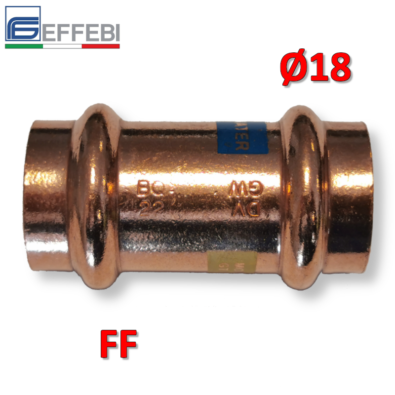 Raccord droit avec manchon FF Ø 18 mm - Raccord en cuivre à pression UNICO pour eau et gaz