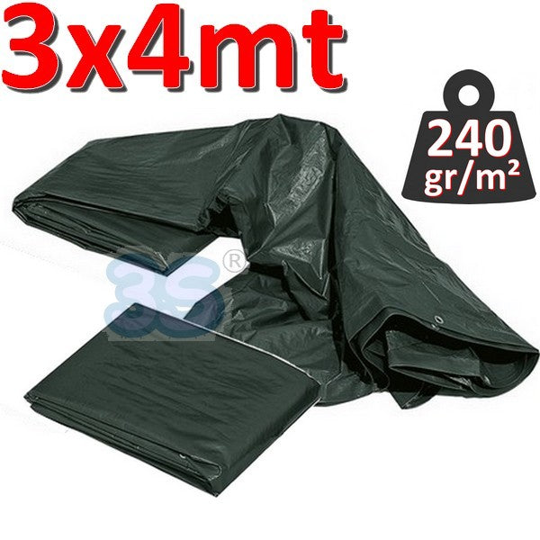 Bâche imperméable avec œillets, 3 x 4 m, VERTE - 240 g/m²