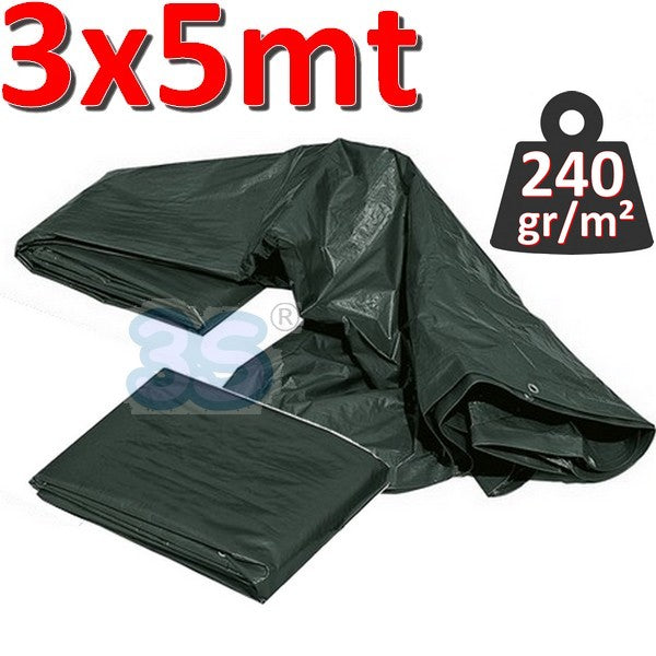 Bâche imperméable avec œillets, 3 x 5 m, VERTE - 240 g/m²
