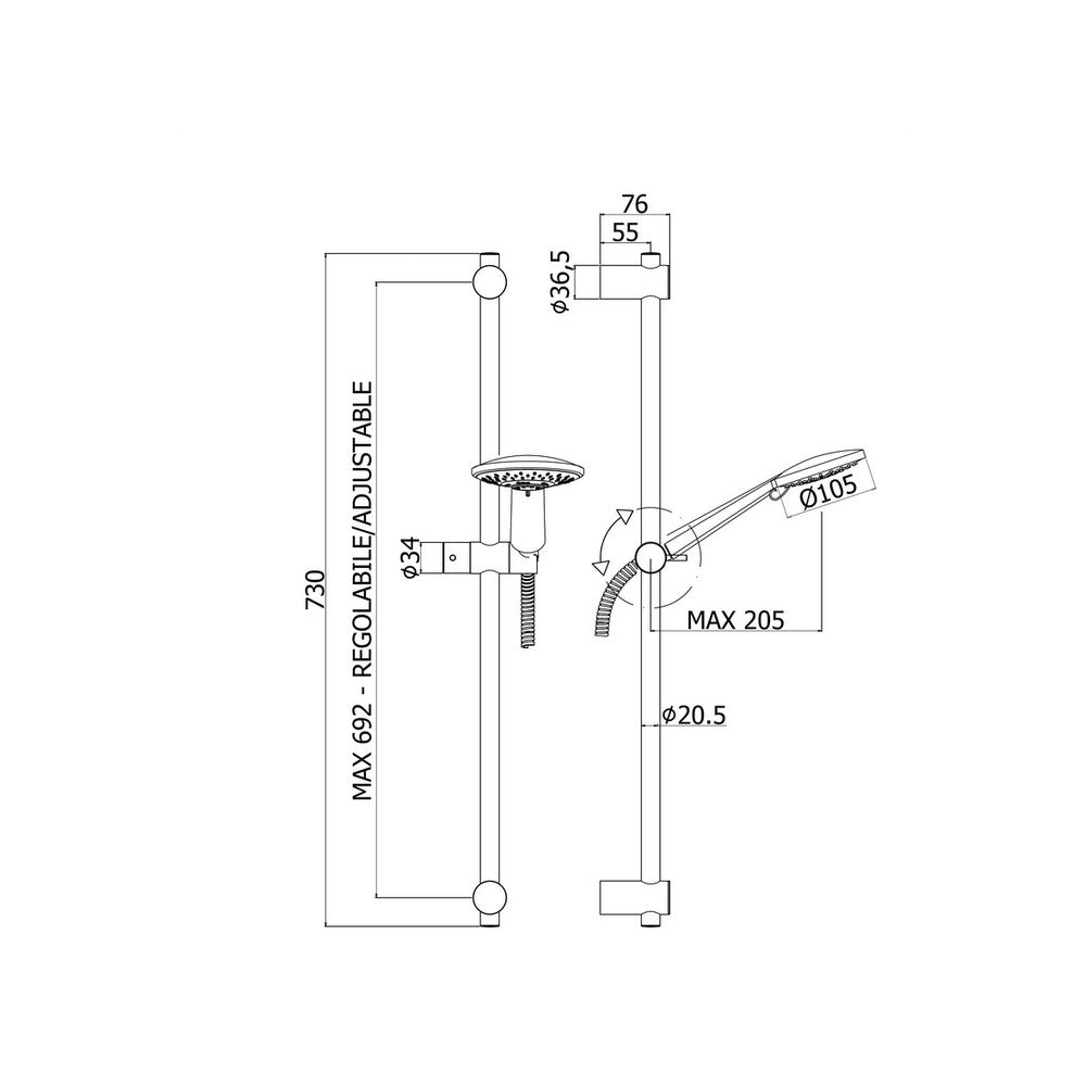 Barre de douche BRIO Paffoni, Ø 20 mm, longueur 730 mm - ZSAL194CR