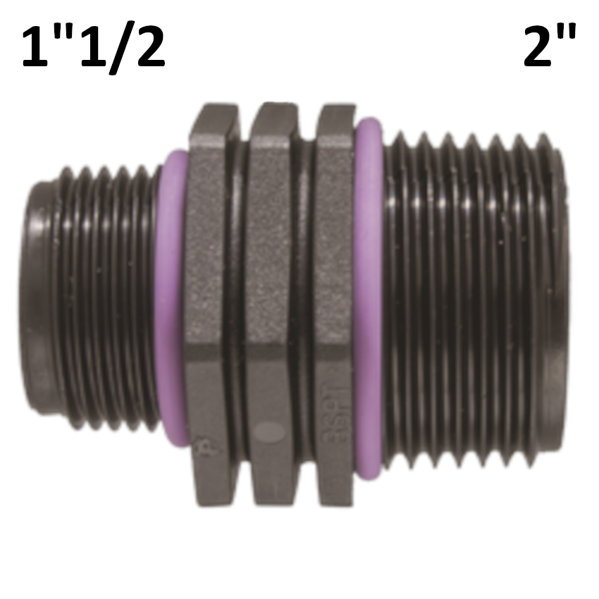 Tétons à embout réduit 2'' - 1''1/2 M-M en polypropylène PP avec joint torique d'étanchéité.