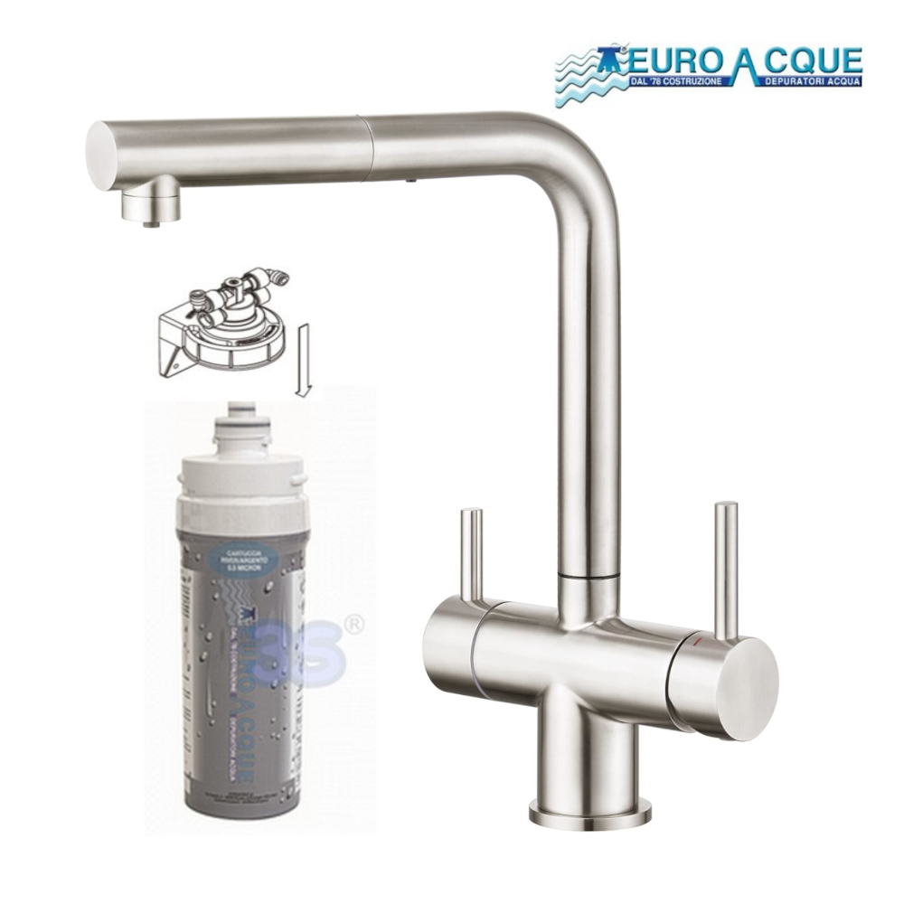 Kit de microfiltration d'eau potable pour la cuisine + robinet satiné avec douchette extractible RIVER SILVER 3 voies Euroacque