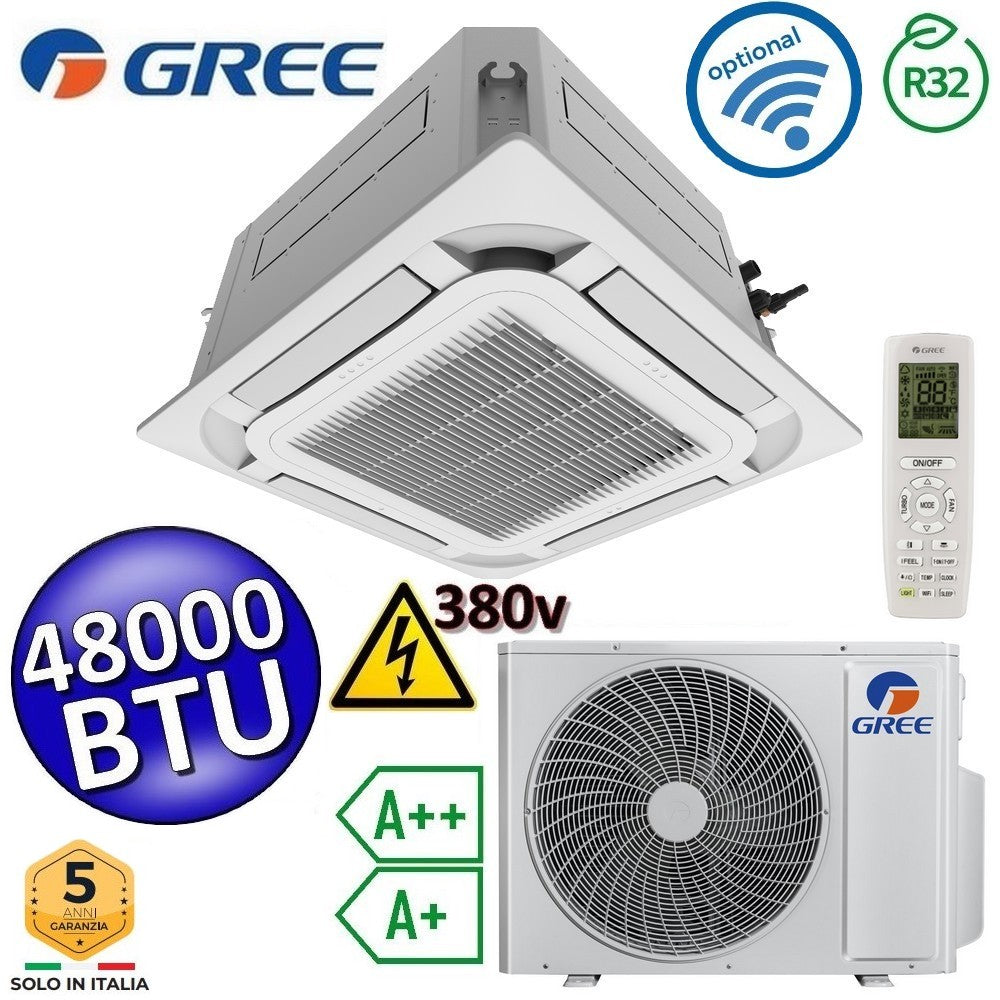Climatiseur cassette triphasé Gree 48 000 BTU R32 380 V à 8 voies - télécommande et panneau inclus - U-MATCH 6