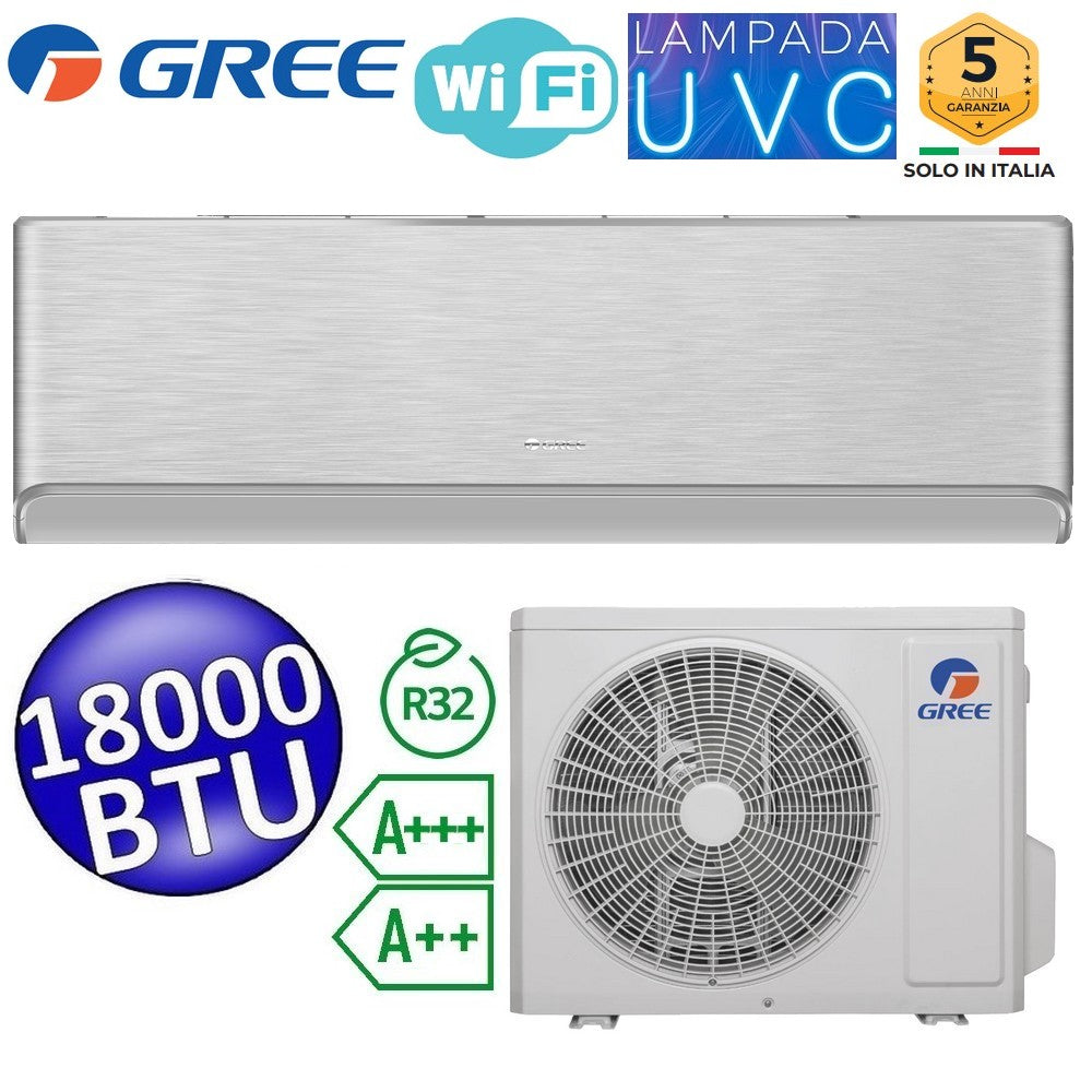 Climatiseur monosplit Gree 18 000 BTU A+++/A++ R32 AIRY SILVER WiFi avec lampe de stérilisation UVC