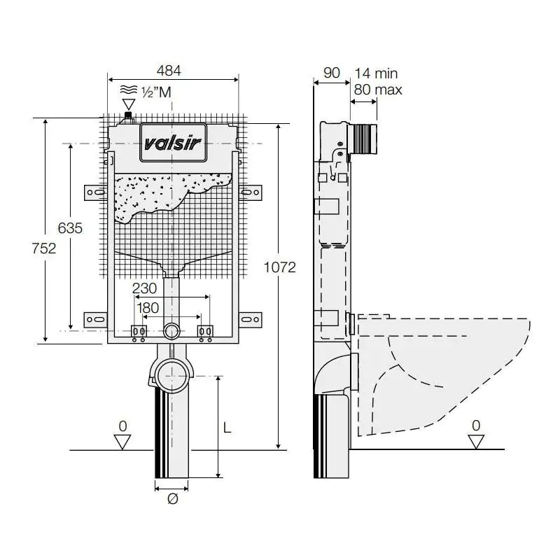Concealed cistern VALSIR TROPEA S FIXSYSTEM for wall-hung toilet