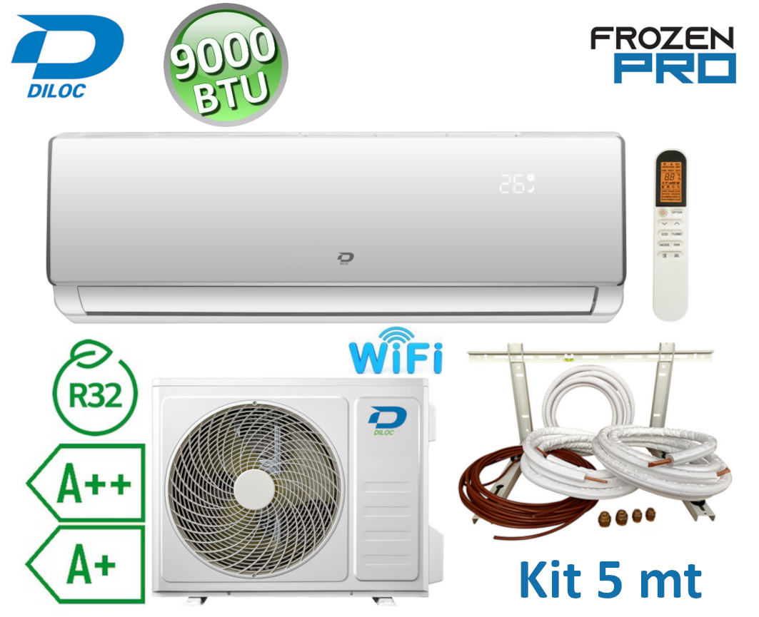 Climatiseur monosplit Diloc Frozen PRO 2,5 kW 9000 BTU R32 A++/A+ + kit d'installation de 5 m