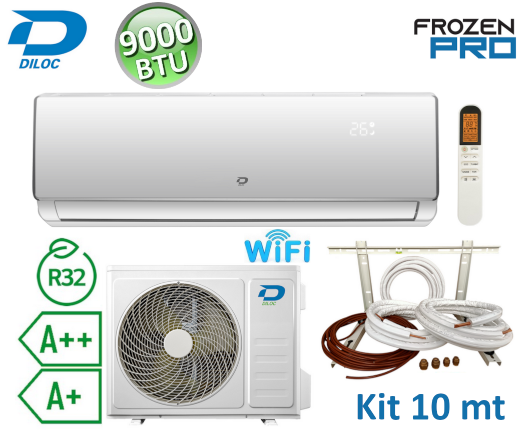 Climatiseur monosplit Diloc Frozen PRO 2,5 kW 9000 Btu R32 A++/A+ + kit d'installation de 10 m