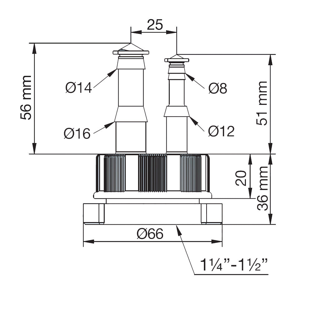 Waste trap connector 1''1/4 and 1''1/2 with hose connections Ø 8-12-14-16 mm