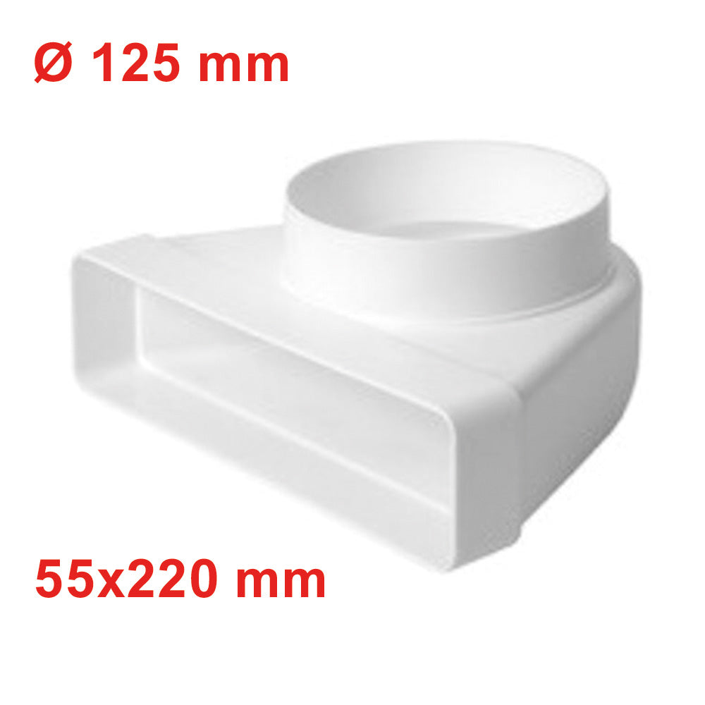 Coude en plastique à 90° pour conduit d'air circulaire rectangulaire 55 x 220 mm - Ø 125 mm pour hotte de cuisine VMC