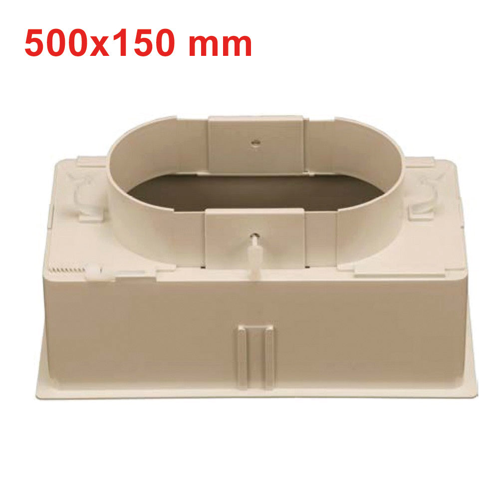 Plénum 500 x 150 mm en ABS avec raccord réglable de Ø 160 à Ø 250 mm et amortisseur