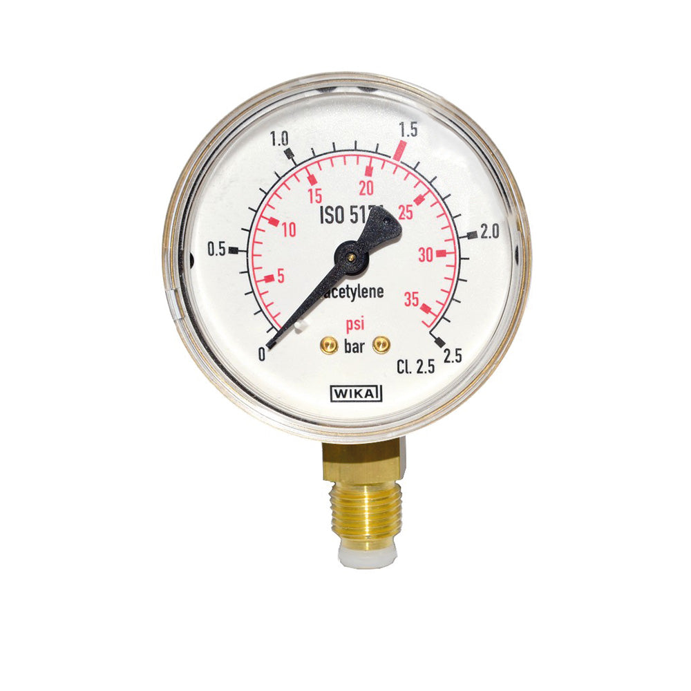 Manomètre Maxy 0-2,5 bar pour acétylène basse pression, raccord 1/4 avec joint.