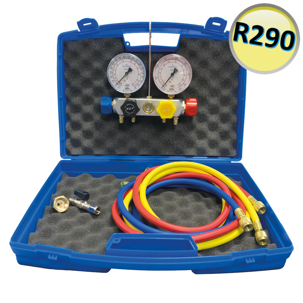 Manomètre 4 voies pour gaz R290, complet avec tuyaux flexibles SAE 1/4'' et réducteurs pour bouteille de 12 L