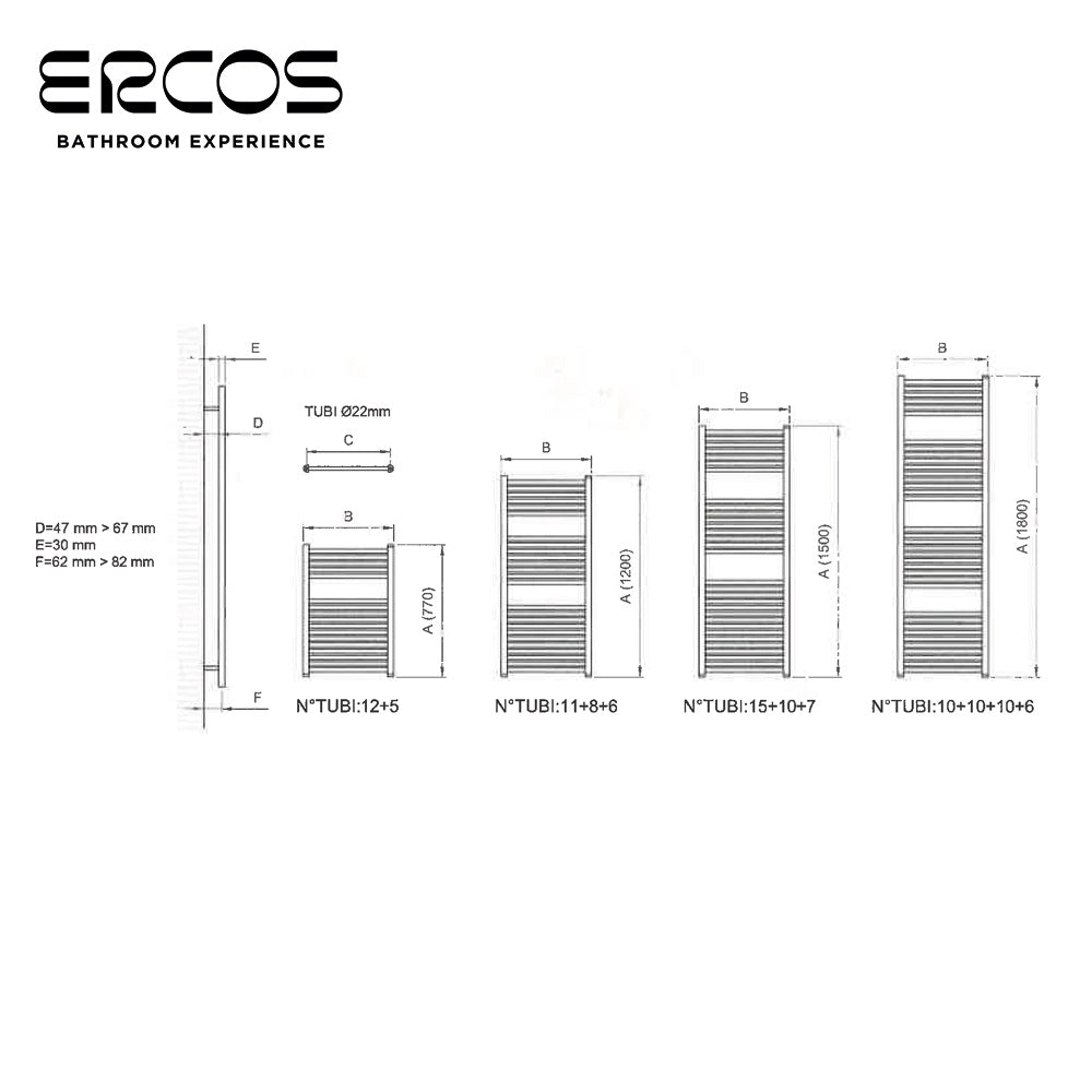 Sèche-serviettes incurvé chromé, 150 x 45 cm, entraxe de 40 cm - TEKNO Ercos
