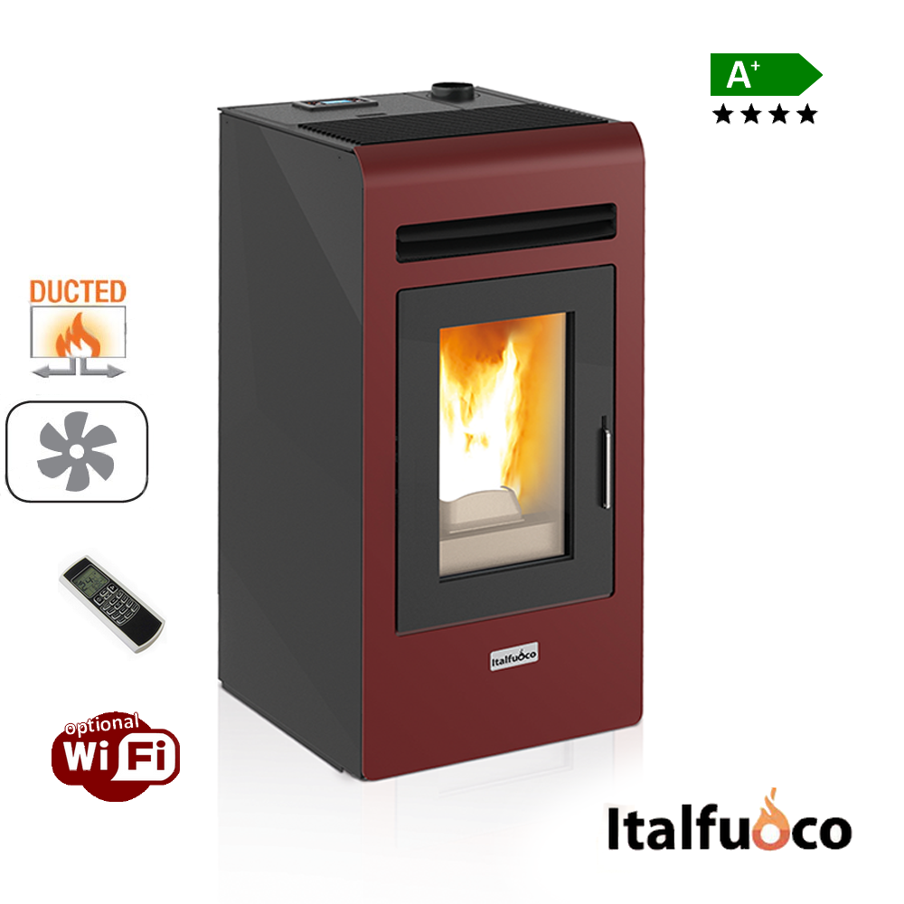 Poêle à granulés à conduit Italfuoco Cayenne 12 kW - 300 m³ Bordeaux avec télécommande et 1 sortie d'air